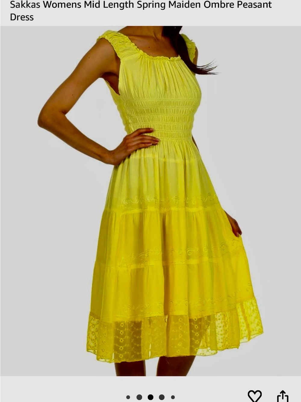 Sakkas Bright Yellow Smocked Midi Peasant Dress